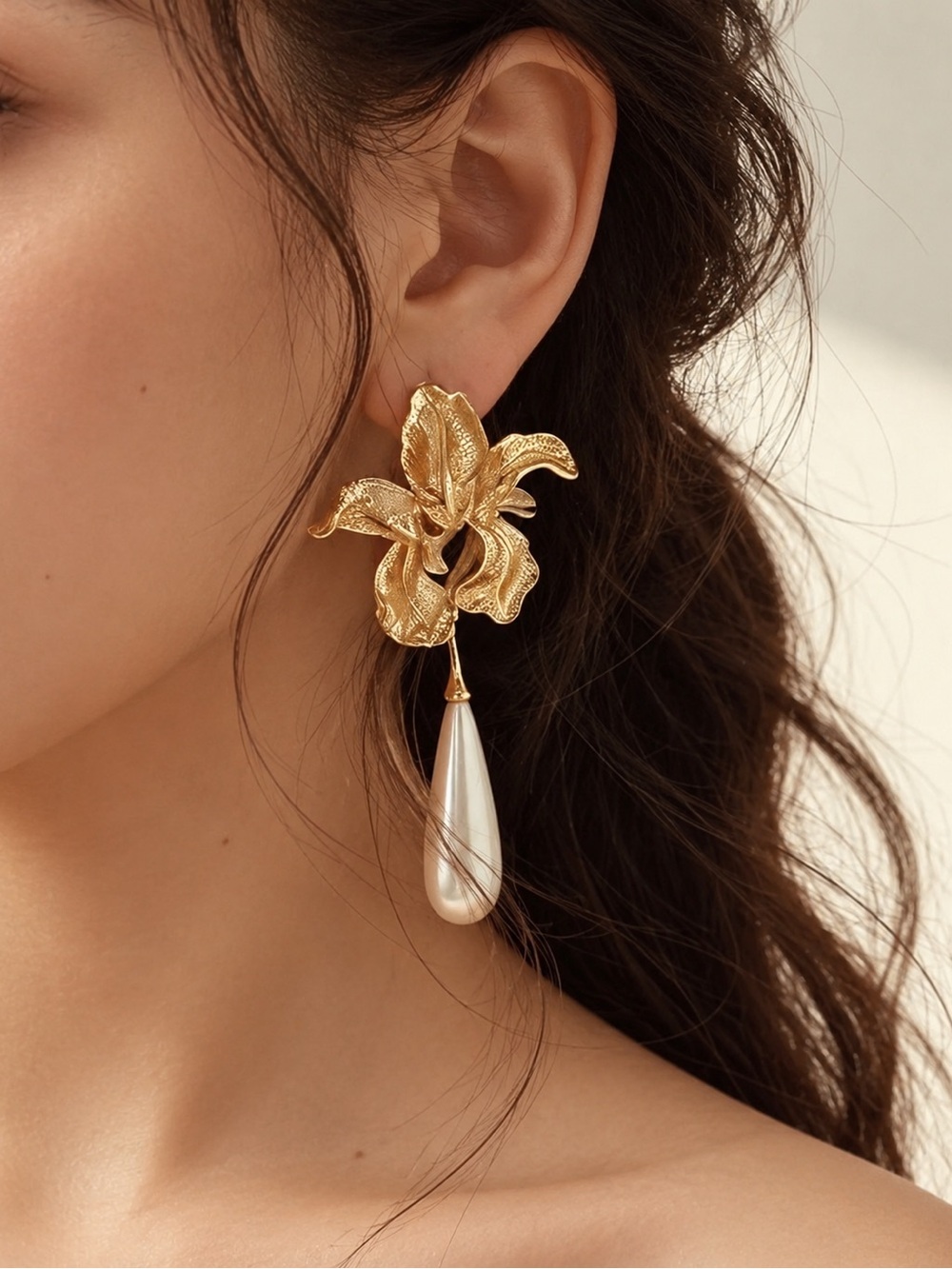 Gold Floral Drop Earrings with Pearl Teardrop